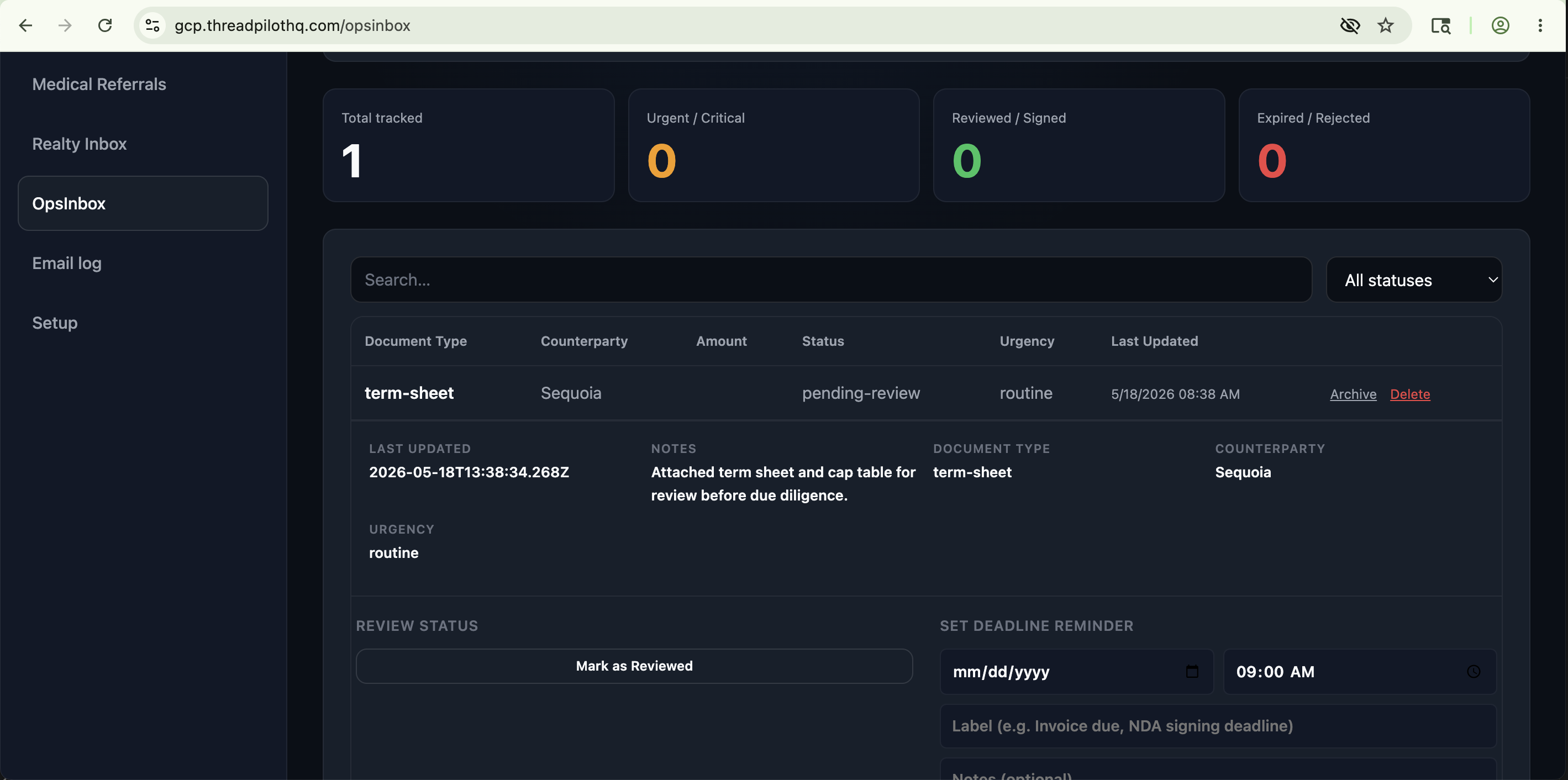 Operations workflow with document-driven inbox extraction into structured records